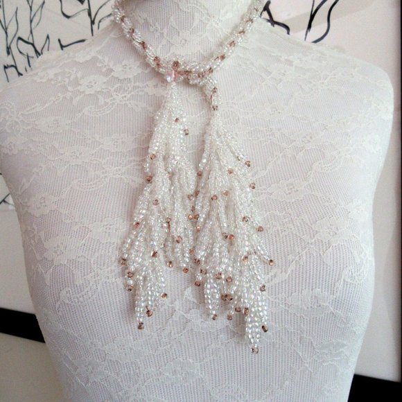 Iridescent white & copper bead lariat necklace & pierced dangling hoop earrings - Picture 2 of 16